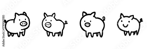 Cute Pig Line Icon Set In Doodle Style. Farm Animal, Livestock, And Agriculture Outline Sketch Collection. Adorable Piglet Illustrations. Hand Drawn Isolated Vector Illustration