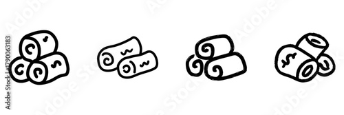 Rolled Towels Line Icon Set In Doodle Style. Spa, Relaxation, And Hospitality Outline Sketch Collection. Wellness And Comfort Symbols. Hand Drawn Isolated Vector Illustration