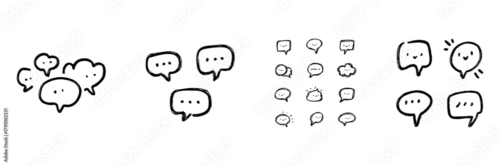 Obraz premium Speech Bubble Line Icon Set In Doodle Style. Communication, Chat, And Messaging Outline Sketch Collection. Hand Drawn Isolated Vector Illustration