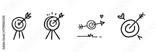 Target And Arrow Line Icon Set In Doodle Style. Precision, Goal Achievement, And Success Representation Outline Sketch Collection. Hand Drawn Isolated Vector Illustration