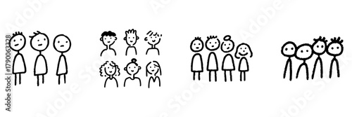 Stick Figure Groups Line Icon Set In Doodle Style. Teamwork, Community, And Social Interaction Outline Sketch Collection. Hand Drawn Isolated Vector Illustration