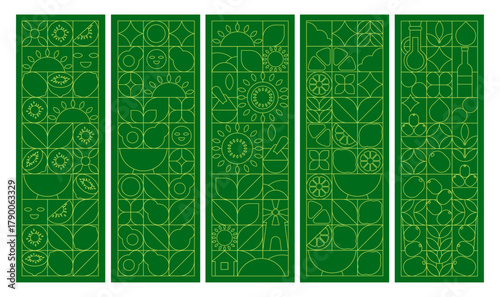Organic food mosaic art deco illustration set. Flyers, bookmarks, packaging design in line art