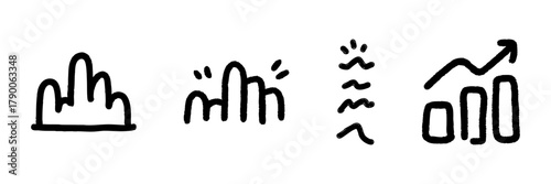 Bar Chart And Line Graph Icon Set In Doodle Style. Data Visualization, Analytics, And Growth Tracking Outline Sketch Collection. Hand Drawn Isolated Vector Illustration