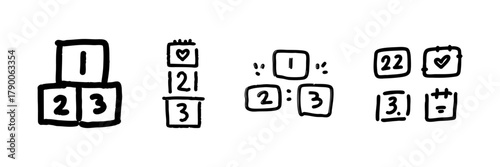 Stacked Number Blocks And Calendar Icons Line Icon Set In Doodle Style. Educational Tools, Scheduling, And Prioritization Outline Sketch Collection. Hand Drawn Isolated Vector Illustration