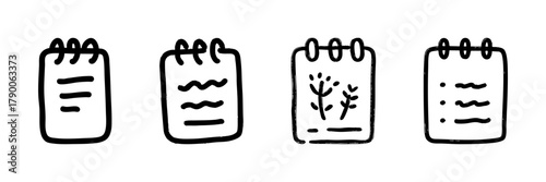 Notebook Line Icon Set In Doodle Style. Note Taking, Planning, And Creative Sketching Outline Sketch Collection. Hand Drawn Isolated Vector Illustration