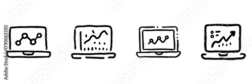 Laptops With Graphs Line Icon Set In Doodle Style. Data Analysis, Business Growth, And Performance Tracking Outline Sketch Collection. Hand Drawn Isolated Vector Illustration