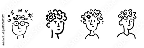 Four Creative Mindset Line Icons In Doodle Style. Innovation, Thought Process, And Cognitive Development Outline Sketch Collection. Hand Drawn Isolated Vector Illustration