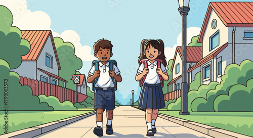Two smiling children, a boy and a girl, walk to school with backpacks on a sunny day in a suburban neighborhood.