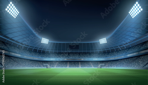 Brightly lit modern stadium with green grass and full audience

Description: