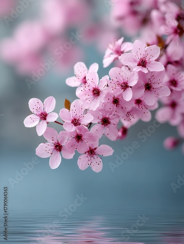 A close-up of delicate pink cherry blossoms reflecting on a serene water surface, creating a tranquil and peaceful atmosphere.