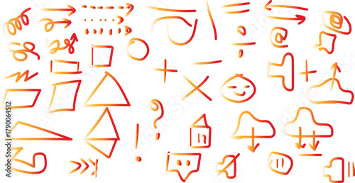 Hand drawn doodle vector set of different symbols, signs and icons arrows, geometric shapes, cloud, house, speaker, and more