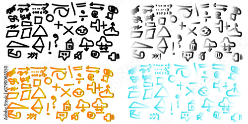 Hand drawn doodle symbols in different colors, featuring a collection of icons, signs, and mathematical symbols