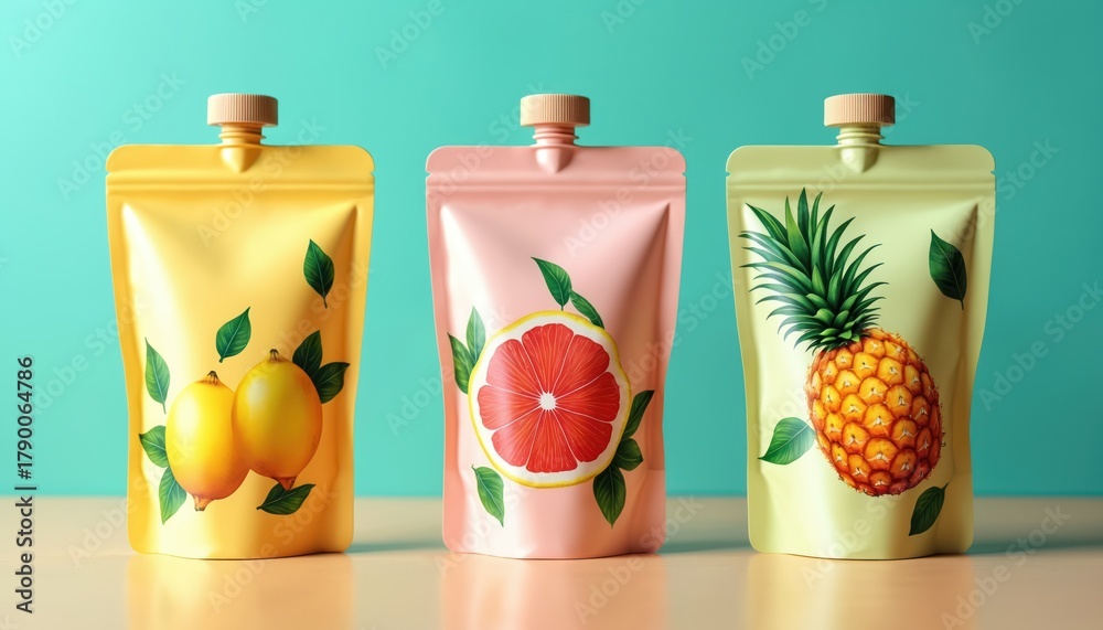 Fototapeta premium Three colorful pouches feature tropical fruit designs. One shows lemons, another grapefruit, and the third a pineapple. Packaging is bright and modern, perfect for juices or smoothies.