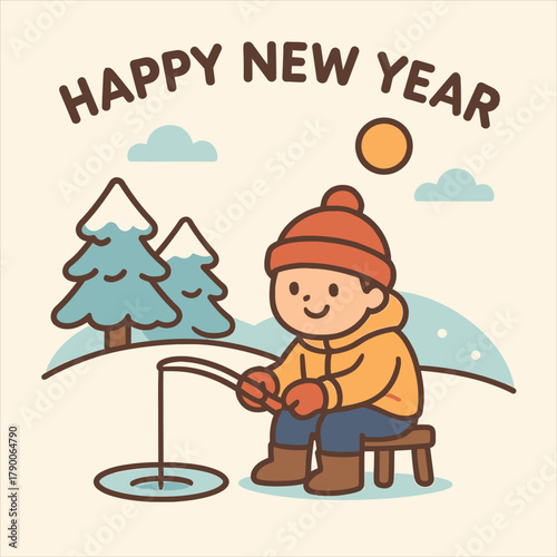 Cheerful child ice fishing in a snowy winter landscape, a heartwarming flat vector logo illustration wishing 'Happy New Year', ideal for seasonal greetings and festive celebration graphics