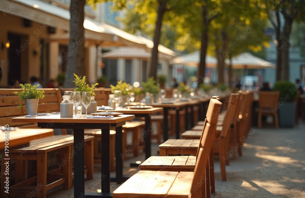 Obraz premium Outdoor restaurant seating with wooden tables and chairs along city sidewalk. Cafe terrace with place settings and green plants, ready for guests.