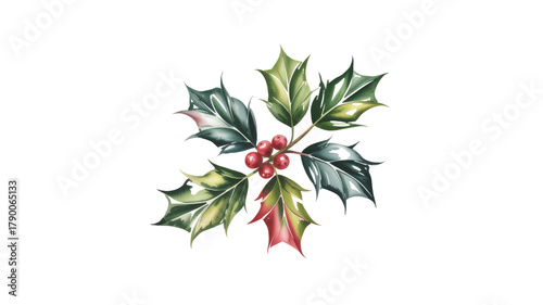 Watercolor Holly Plant with Berries