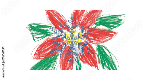 Poinsettia flower drawing with crayons and snowflakes