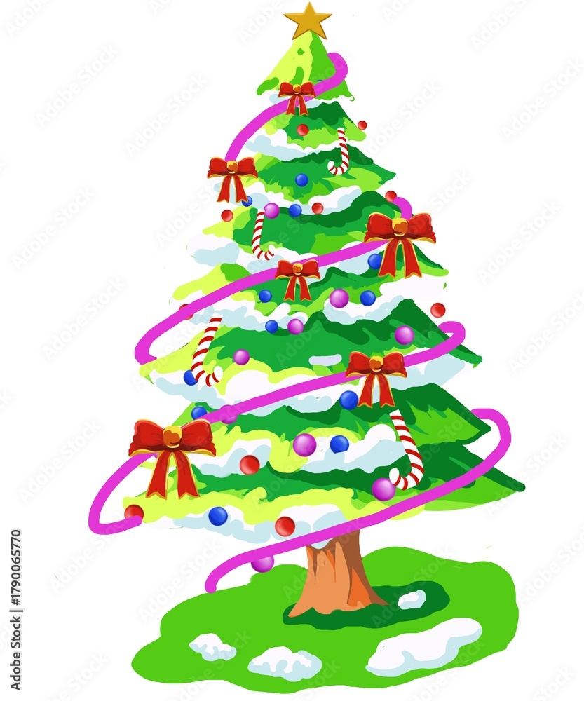 Naklejka premium Cartoon Christmas fir trees, decorated and covered with snow green xmas trees. Winter holiday symbol flat illustrations . Christmas fir trees collection abstract christmas tree