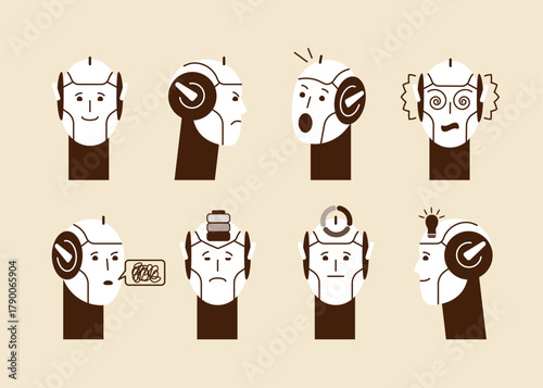 robot face with various emotions and expressions. AI support, robot mascot