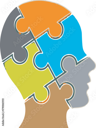 Colorful vector human head silhouette made of puzzle pieces for brain and complexity concept