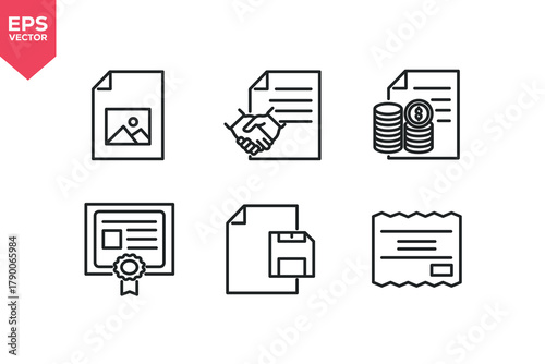 Set of line icons related to certificate, save document, image. Editable stroke. Vector illustration