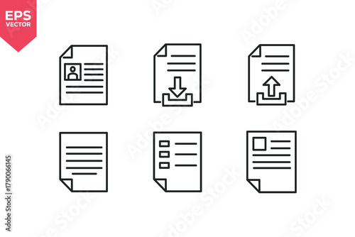 Set of line icons related to file upload, file download, resume, report. Editable stroke. Vector illustration