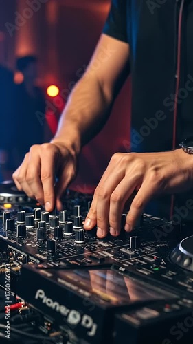 DJ Hands Mixing Music on Turntables at Nightclub Event