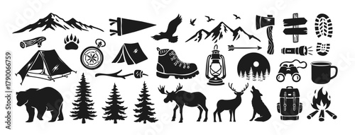 Outdoor adventure vector set with camping gear, mountains, wildlife, trees, and travel icons. Perfect for badges, t-shirt designs, hiking posters, and nature-themed branding.