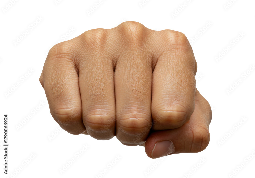 Fototapeta premium Isolated raised fist ready to strike, powerful aggressive pose, strong male hand action