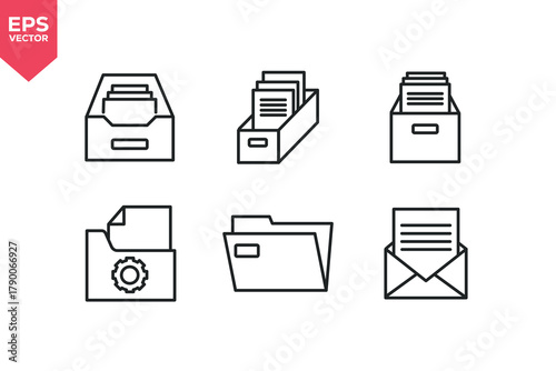 Set of line icons related to archive, inbox document, folder,. Editable stroke. Vector illustration