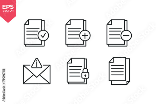 Set of line icons related to document approved, secure document, add document, multiple document. Editable stroke. Vector illustration