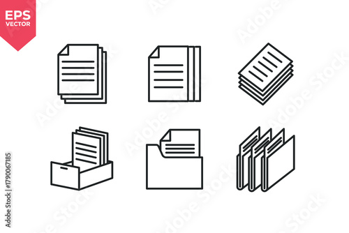 Set of line icons related to files, copy file, folder, archive. Editable stroke. Vector illustration