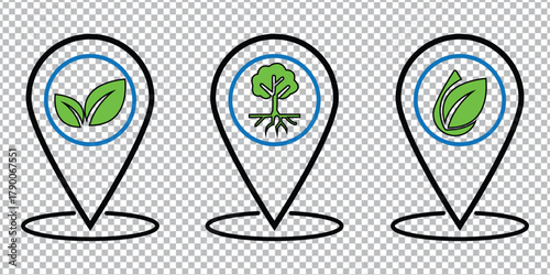 Three location pins with nature icons symbolizing growth and environment, Agriculture and Eco-Friendly Locations.
