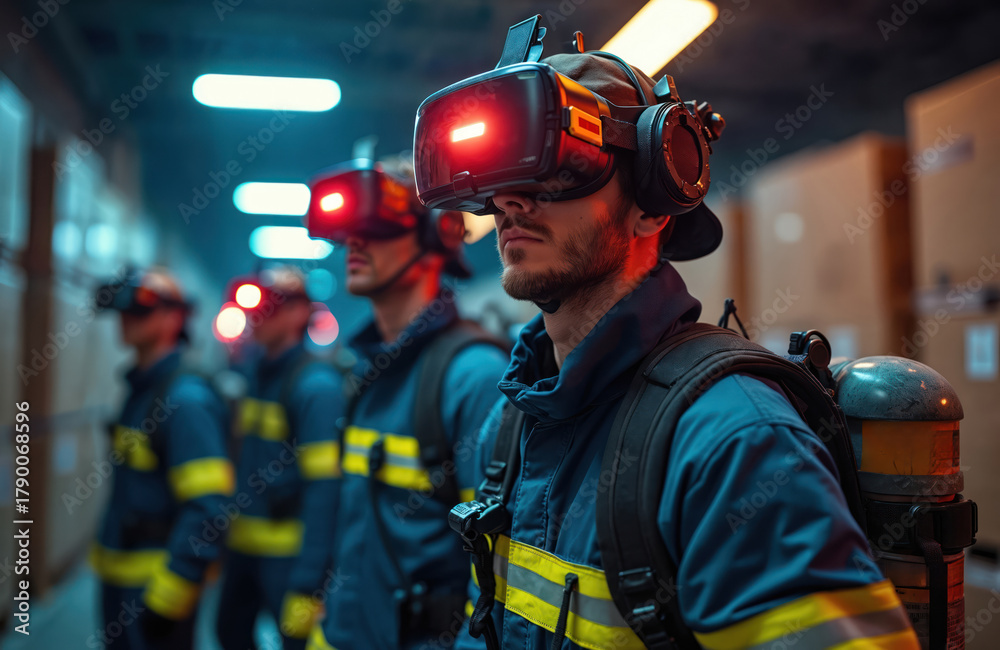 Fototapeta premium Firefighters wear VR headsets in a warehouse training session. They practice emergency response using virtual reality tech. This innovative method improves skills for dangerous situations.