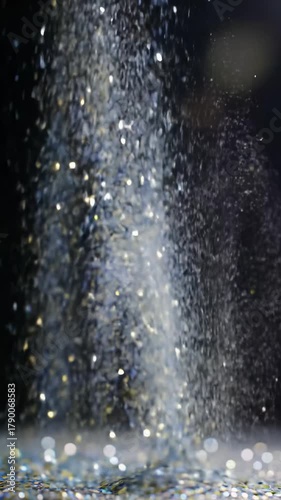 Mesmerizing macro video of blue and gold glitter particles erupting from black void, expanding, then slowly dissipating with creamy bokeh, ethereal abstract art concept