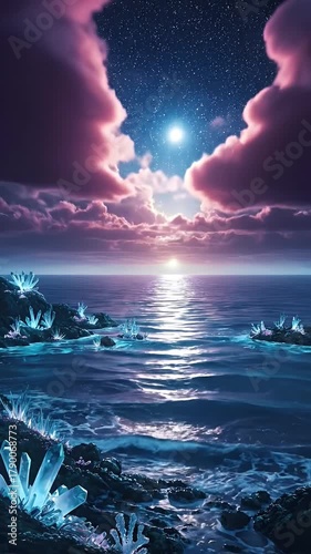 Dreamy Ocean Sunset With Crystal Shores Under Starry Sky