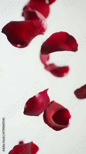 Velvety red rose petals in crimson, scarlet, ruby, gracefully cascading and twirling through air against a luminous white cyclorama studio with soft focus lens effect. Luxury advertising concept