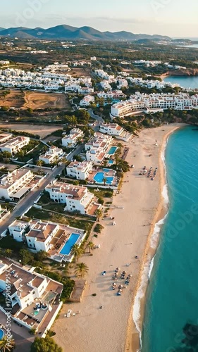 Drone Footage of White Buildings and Turquoise Ocean on a Sunny Beach