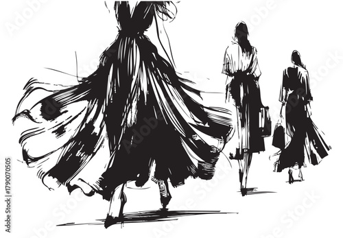 Set of fashion sketches set on white background. Ink sketches