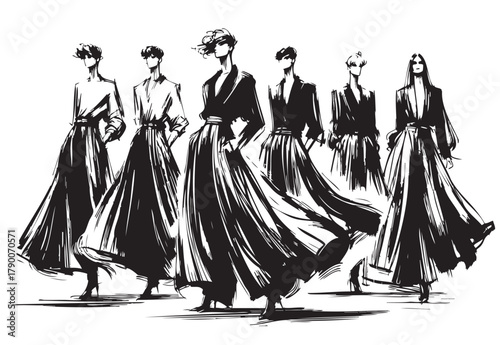 Set of fashion sketches set on white background. Ink sketches