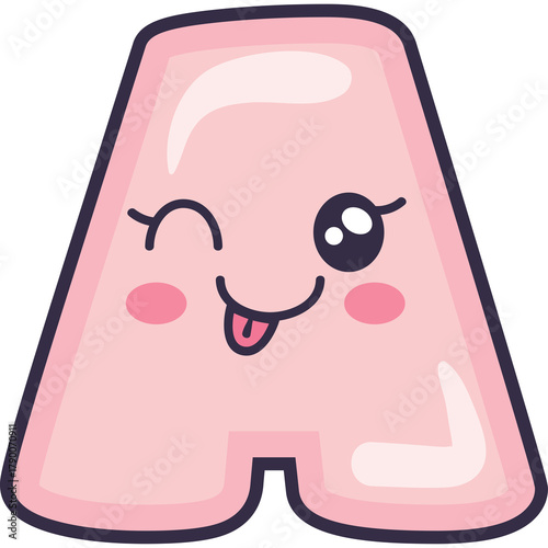 Cute pink letter A character with kawaii face winking and sticking tongue out on a transparent background
