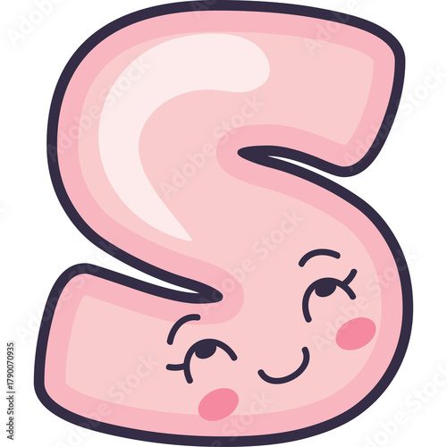 Cute Pink Letter S With Face And Blushing Cheeks In 3D Bubble Style On Transparent Background