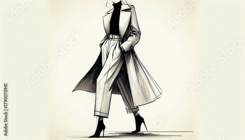 Fashion models. Sketch. Woman in pants and coat