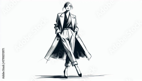 Fashion models. Sketch. Woman in pants and coat