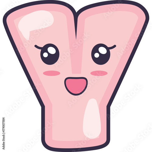 Cute Pink Letter Y Character with Big Eyes and Smiling Mouth Kawaii Style Illustration Transparent Background