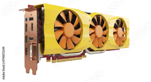 Принти на полотні Isolated yellow video card with orange fans, modern PC hardware for gaming and g
