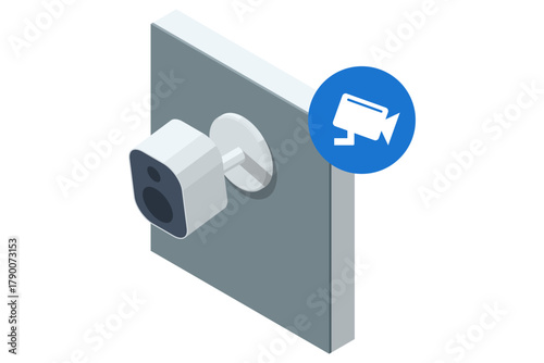 Smart Home Security Camera monitoring. Isometric illustration of a smart home security camera mounted on a wall with a blue CCTV icon, representing home surveillance and monitoring technology