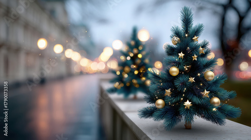 Fototapeta Naklejka Na Ścianę i Meble -  A small Christmas tree with gold ornaments sits on a ledge next to a street