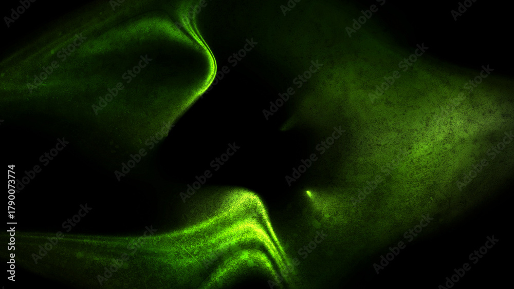 Fototapeta premium Abstract dark neon green glowing wave and light particles with grunge texture on a black background, perfect for futuristic technology wallpaper or modern presentation