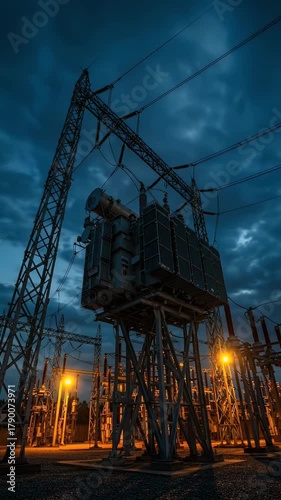 Electric Transformer Station At Dusk With Power Lines And Lights